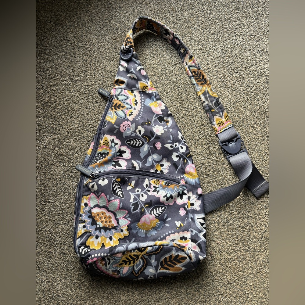 Vera Bradley Gray Floral Crossbody Sling Bag with Pink and Yellow Accents